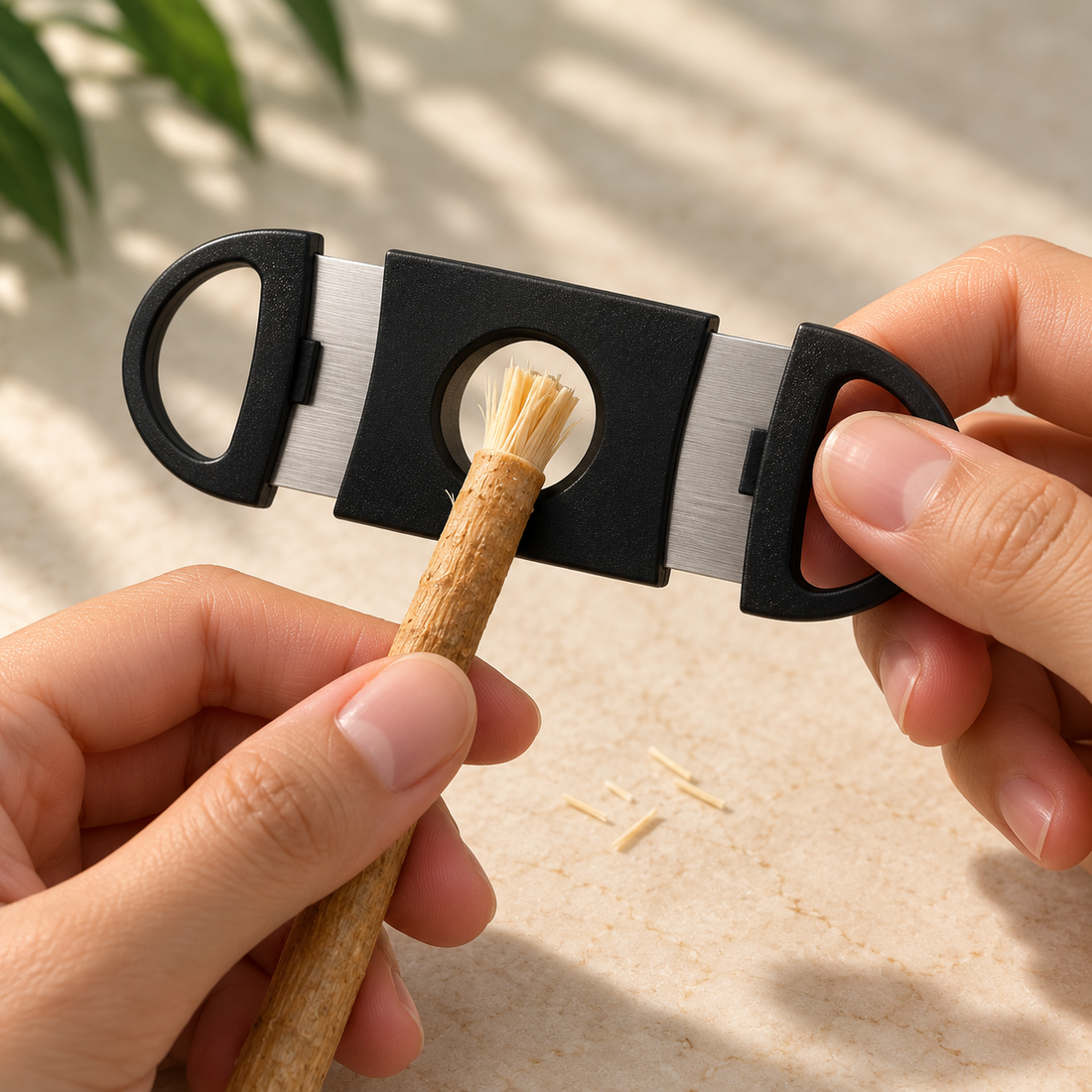 One hand holds the open cutter, the other pushes the worn miswak tip through the opening