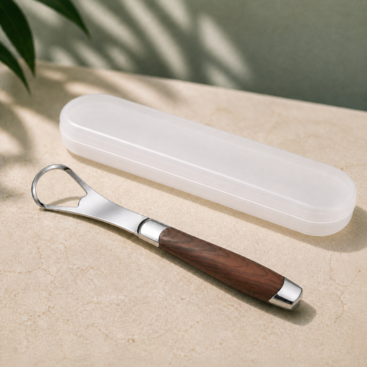 MSWK Tongue Cleaner with its full-length travel case on warm limestone