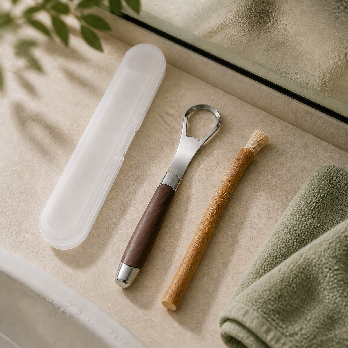 MSWK Miswak and Tongue Cleaner together on a bathroom counter