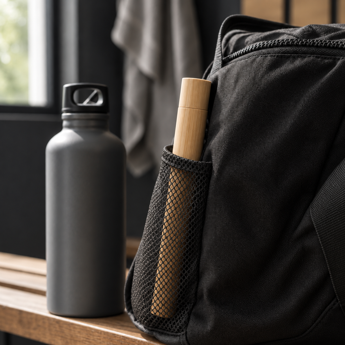 Bamboo travel case in the side pocket of a gym backpack