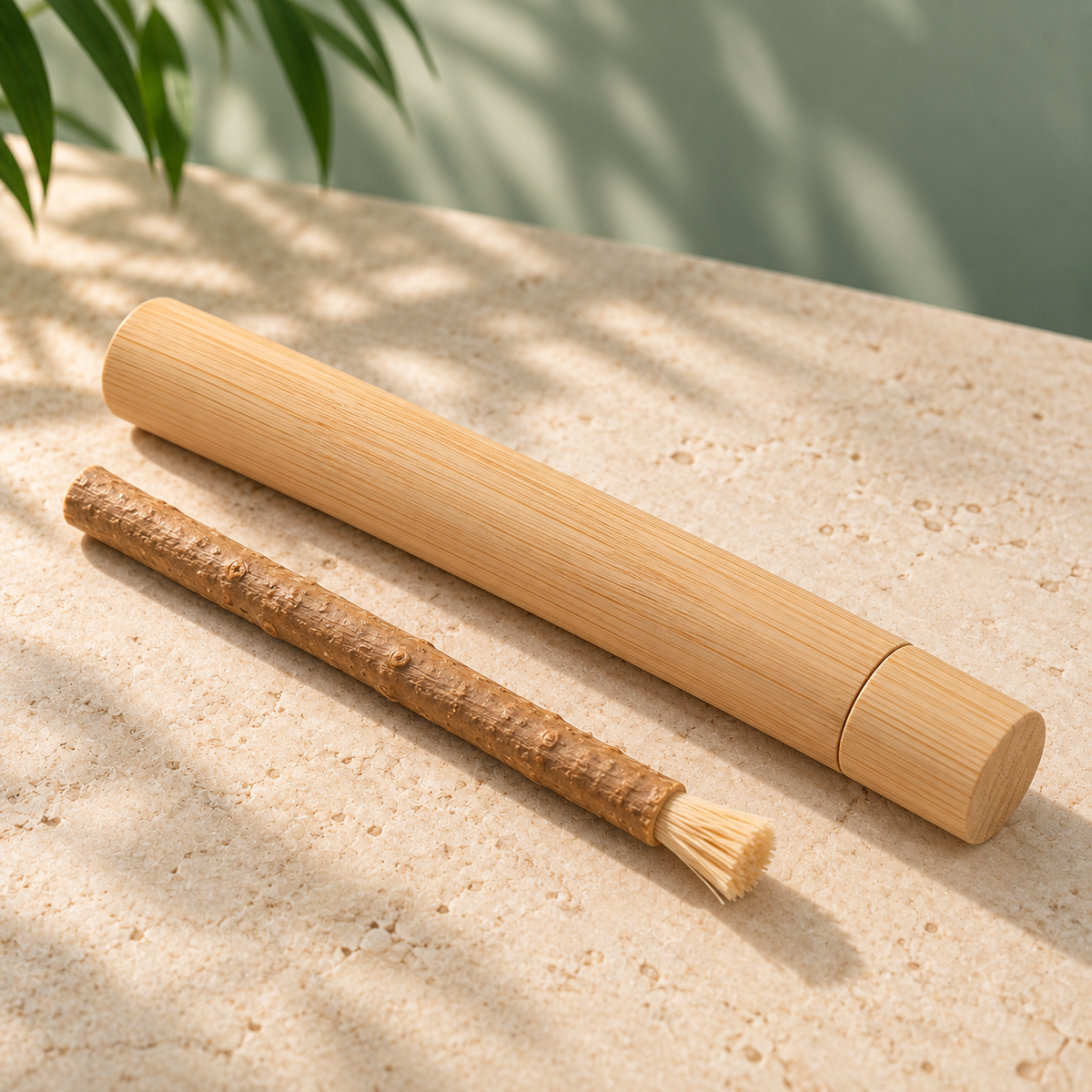 MSWK Bamboo Travel Case closed, lying next to a miswak stick on travertine
