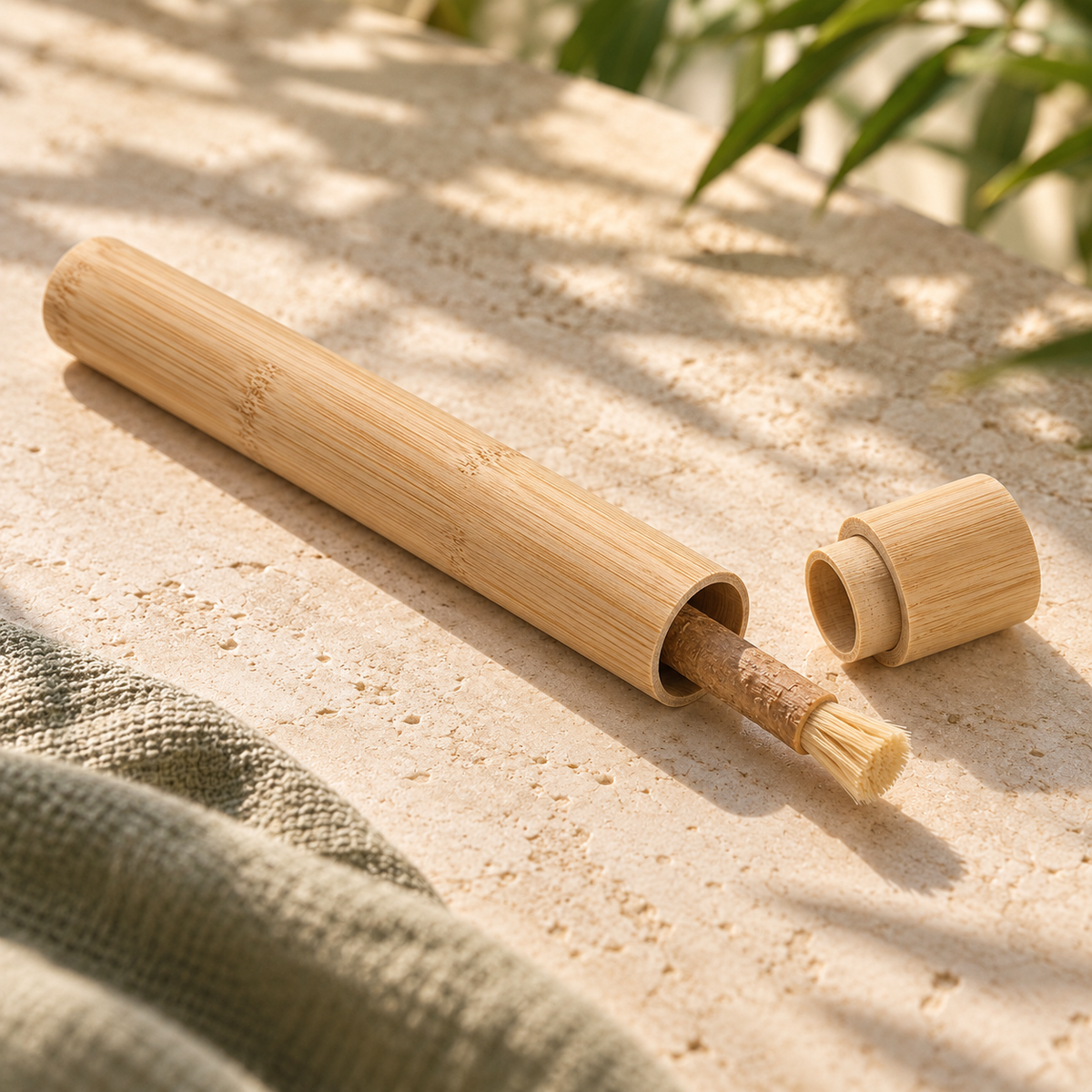 Bamboo travel case opened with a miswak stick inside and the cap beside it